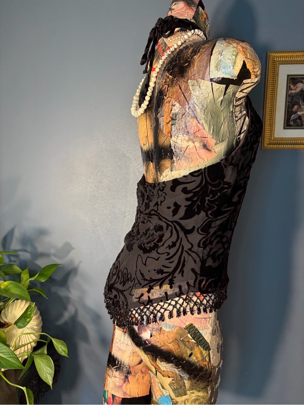 Vintage black velvet burnout tie halter top beaded trim open back deadstock - Picture 3 of 12